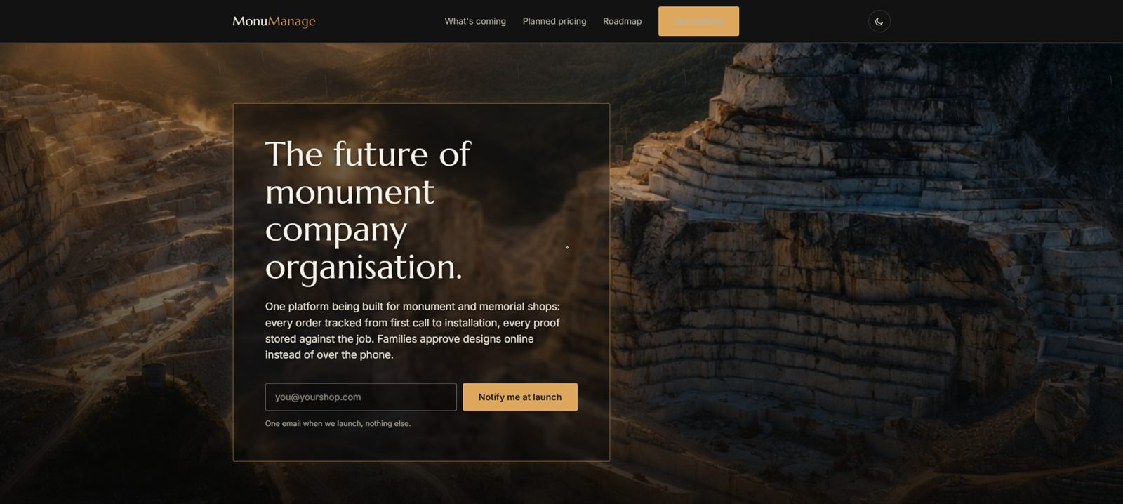 MonuManage dashboard — order tracking software for monument companies